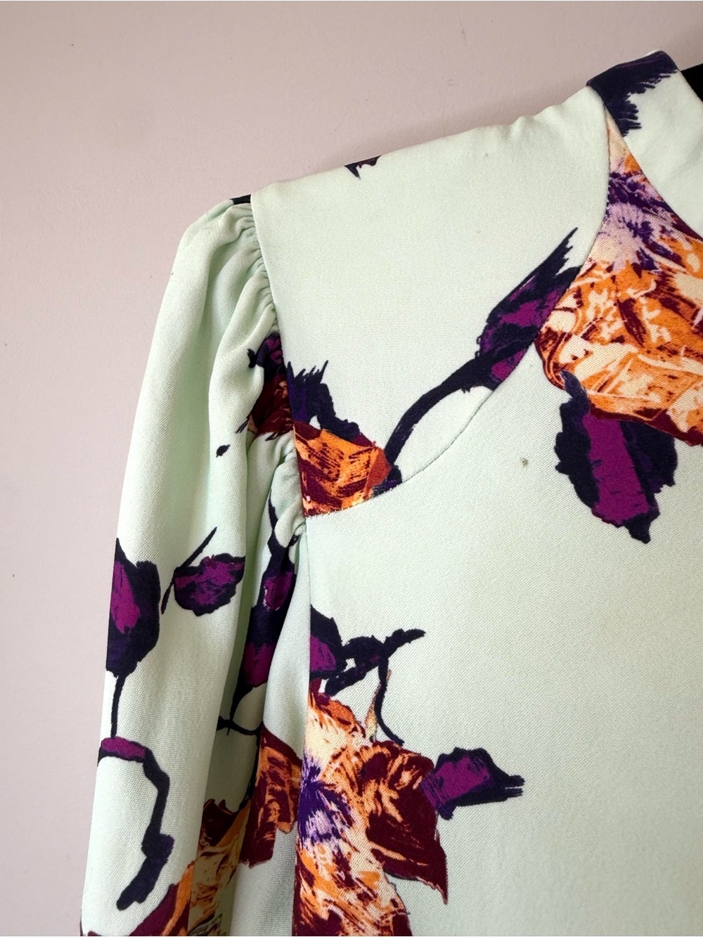 A.L.C. Jane Floral Mini Dress Mint Long Sleeve Ruched Designer Size 4 - Picture 10 of 16